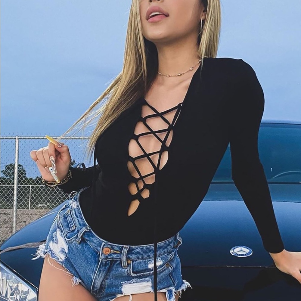 Fashion Nova Black Lace-Up Bodysuit